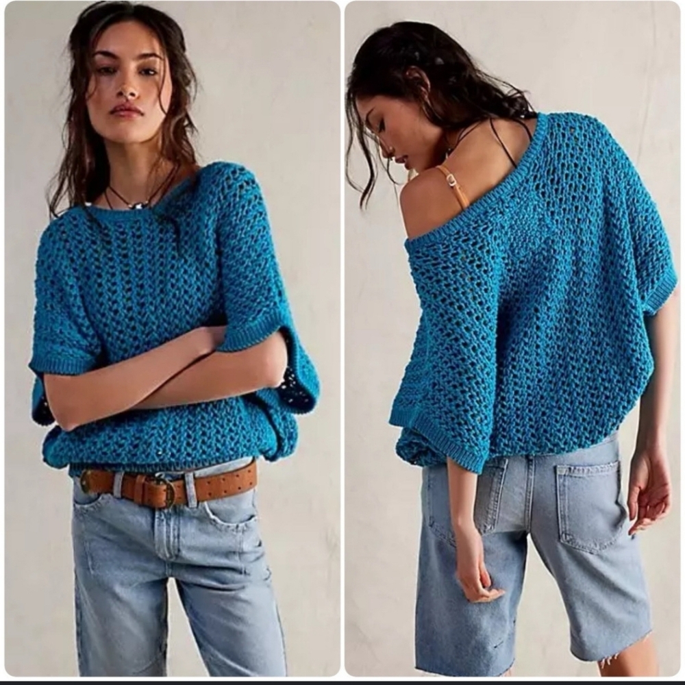 NWT Free People We The Free Sophia Beach Knit Crew Neck Bat Sleeve Sweater Sz M